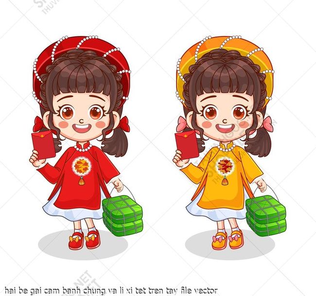 hai be gai cam banh chung va li xi tet tren tay file vector